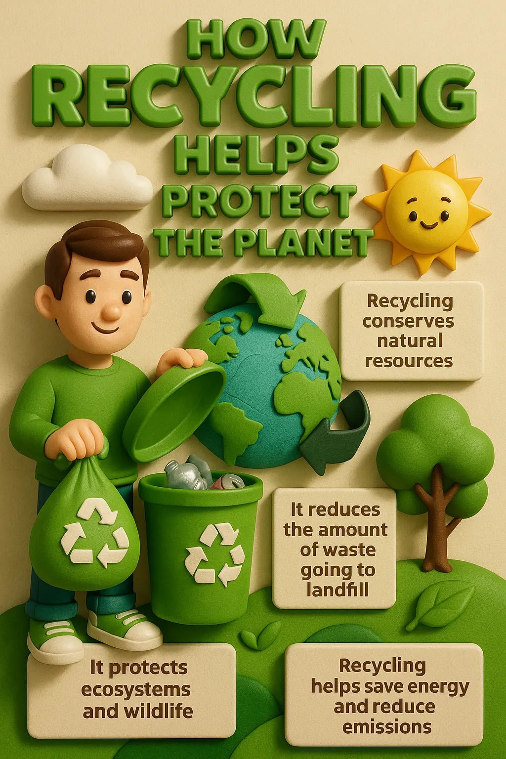 Example output from the Realistic 3D Learning Tip Flyers ChatGPT prompt: educational posters with 3D characters, dynamic tip callouts, and colorful layouts, featuring cinematic lighting and bold, scene-integrated titles. Recycling.