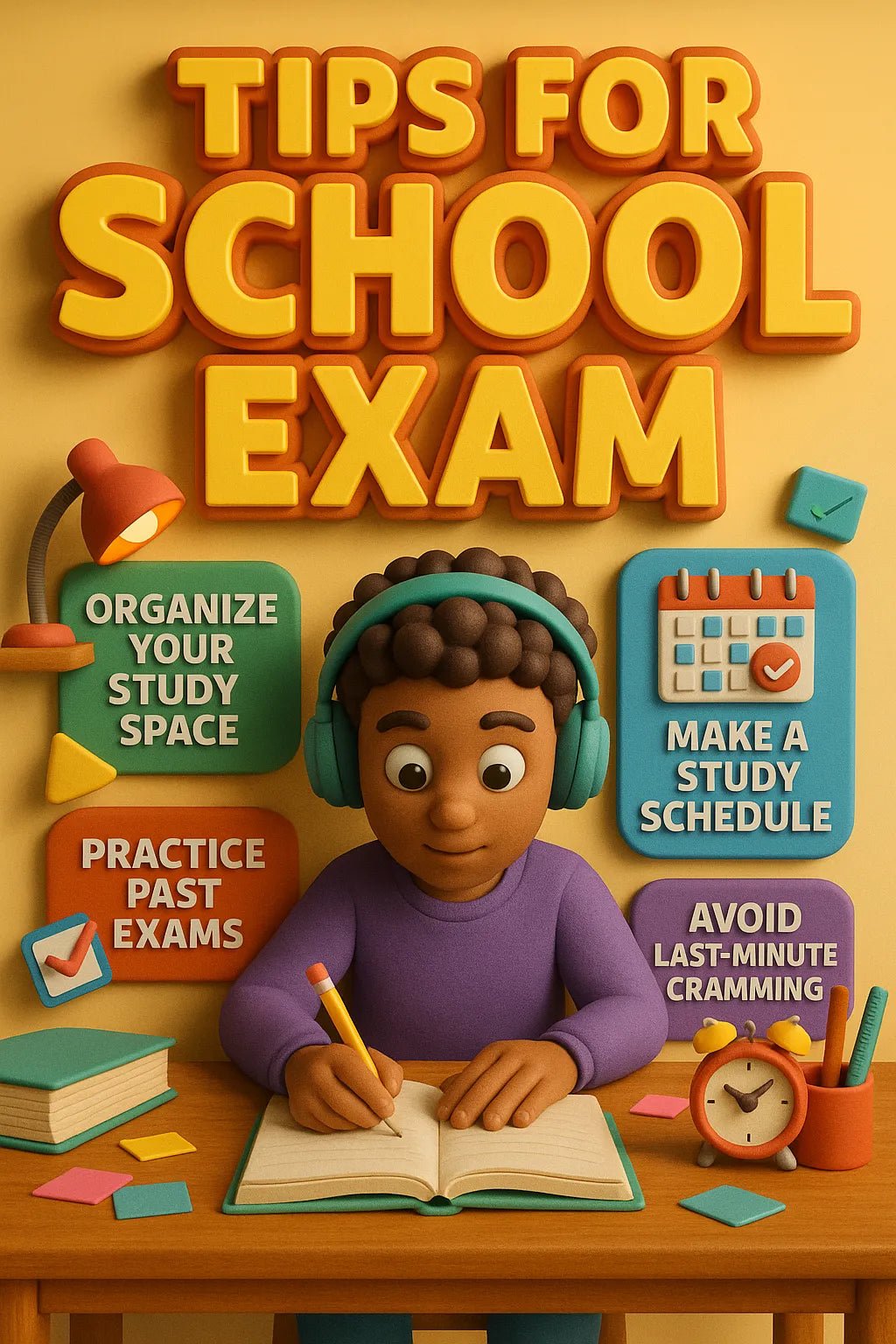 Example output from the Realistic 3D Learning Tip Flyers ChatGPT prompt: educational posters with 3D characters, dynamic tip callouts, and colorful layouts, featuring cinematic lighting and bold, scene-integrated titles. School Exam.