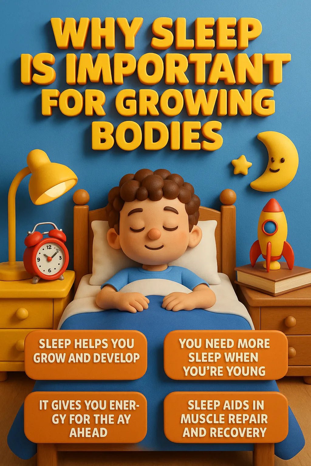 Example output from the Realistic 3D Learning Tip Flyers ChatGPT prompt: educational posters with 3D characters, dynamic tip callouts, and colorful layouts, featuring cinematic lighting and bold, scene-integrated titles. Why Sleep is Important.