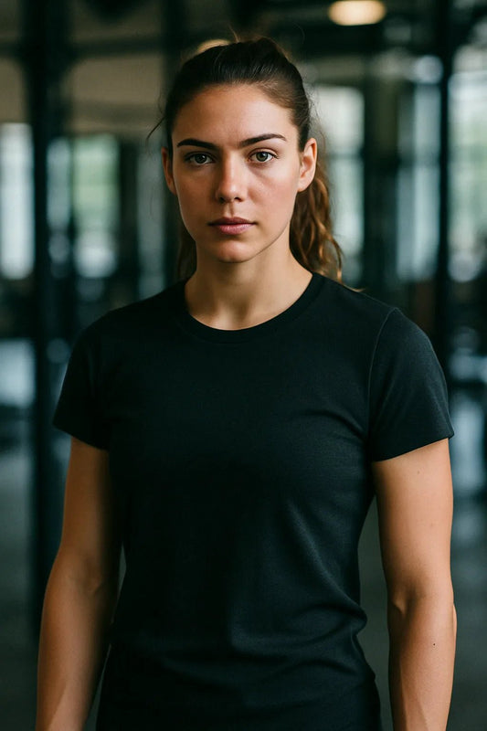 Example output from the Realistic Black T Shirt Mockups ChatGPT prompt: DSLR-style portraits of models wearing black tees. Preview 1