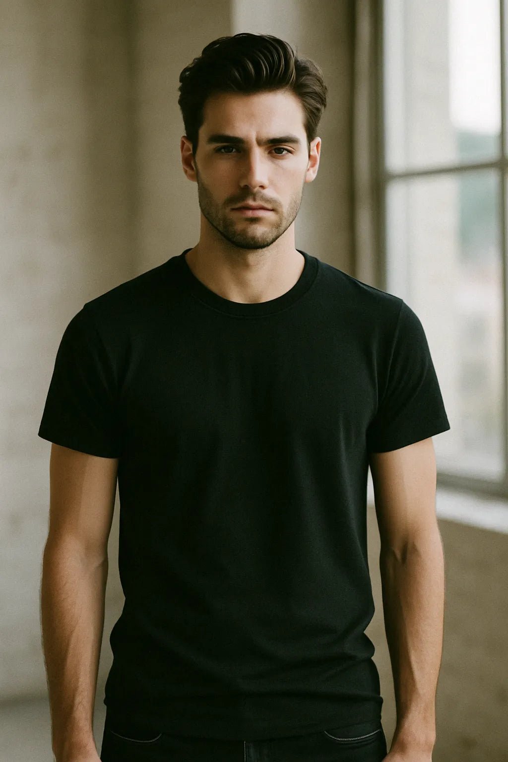 Example output from the Realistic Black T Shirt Mockups ChatGPT prompt: DSLR-style portraits of models wearing black tees. Preview 2