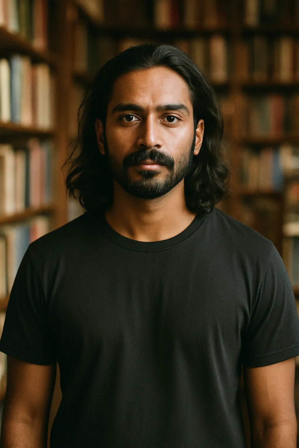 Example output from the Realistic Black T Shirt Mockups ChatGPT prompt: DSLR-style portraits of models wearing black tees. Preview 3