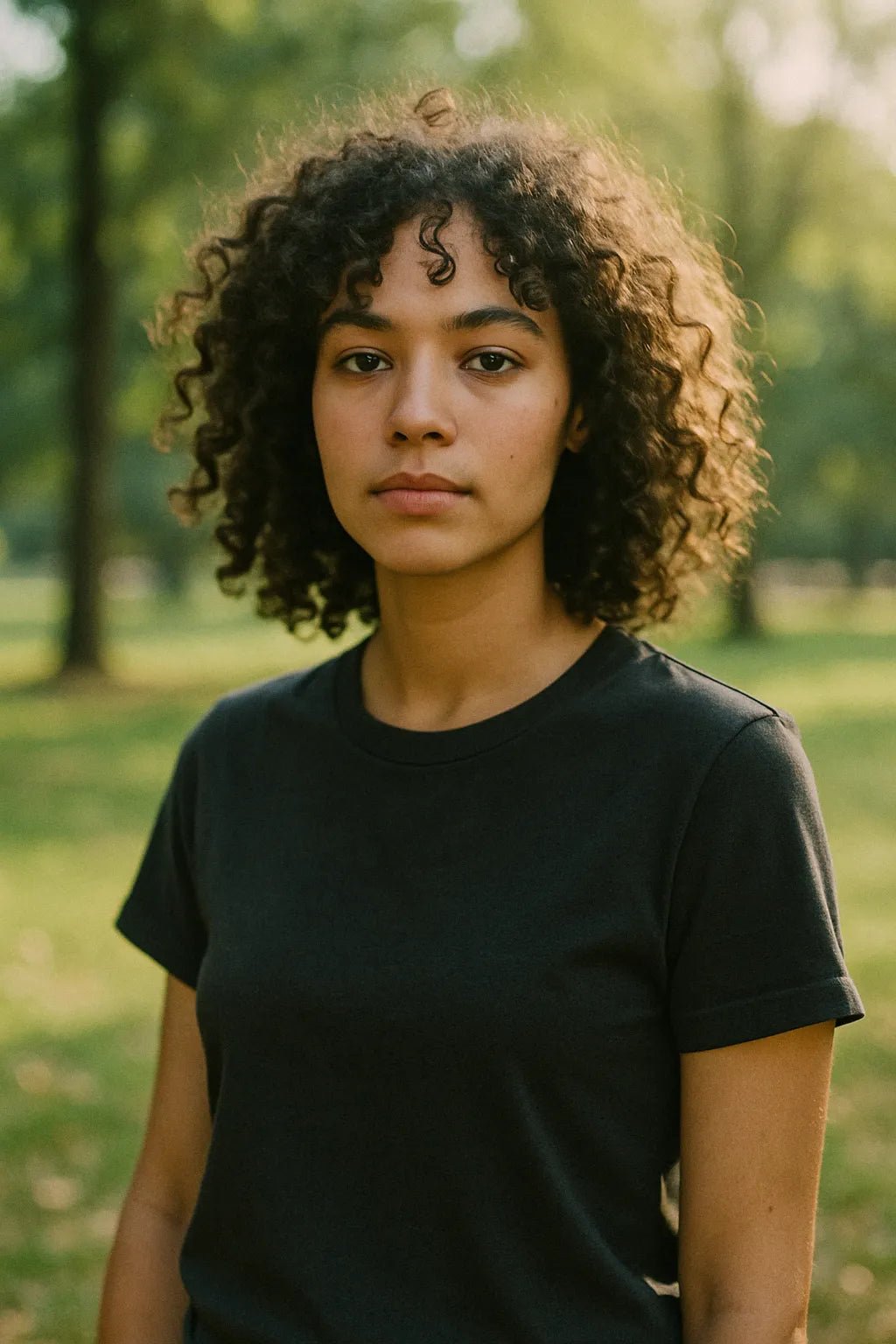 Example output from the Realistic Black T Shirt Mockups ChatGPT prompt: DSLR-style portraits of models wearing black tees. Preview 5