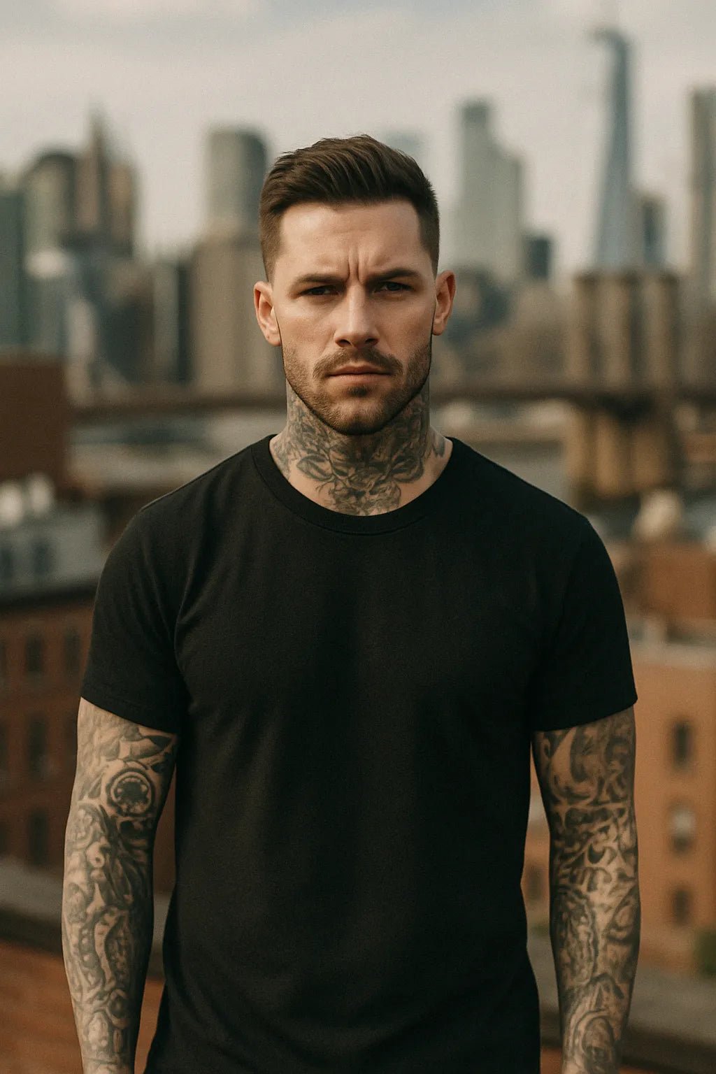 Example output from the Realistic Black T Shirt Mockups ChatGPT prompt: DSLR-style portraits of models wearing black tees. Preview 7