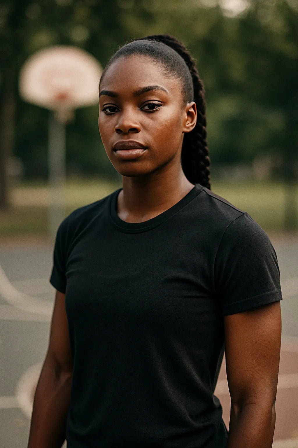 Example output from the Realistic Black T Shirt Mockups ChatGPT prompt: DSLR-style portraits of models wearing black tees. Preview 8