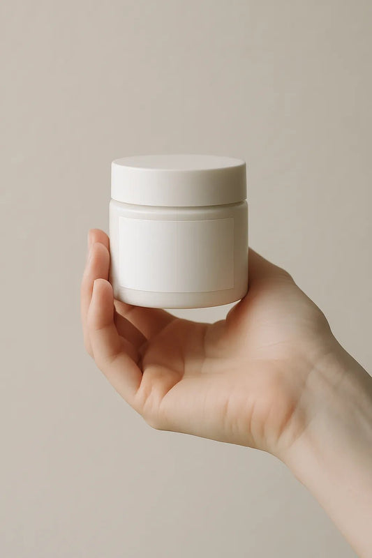 Example output from the Realistic Skincare Mockups With Hands ChatGPT prompt: handheld skincare bottle mockup. Preview 1.