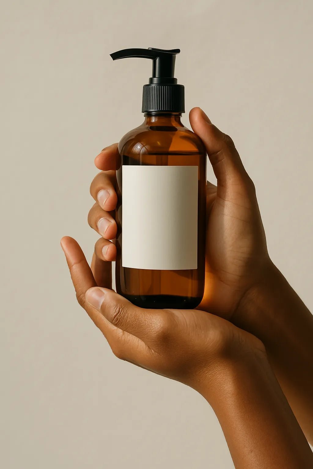 Example output from the Realistic Skincare Mockups With Hands ChatGPT prompt: handheld skincare bottle mockup. Preview 4.