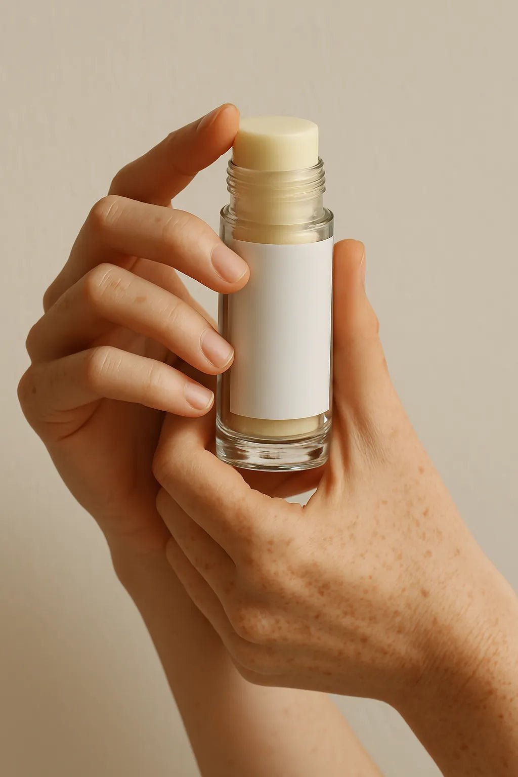 Example output from the Realistic Skincare Mockups With Hands ChatGPT prompt: handheld skincare bottle mockup. Preview 5.