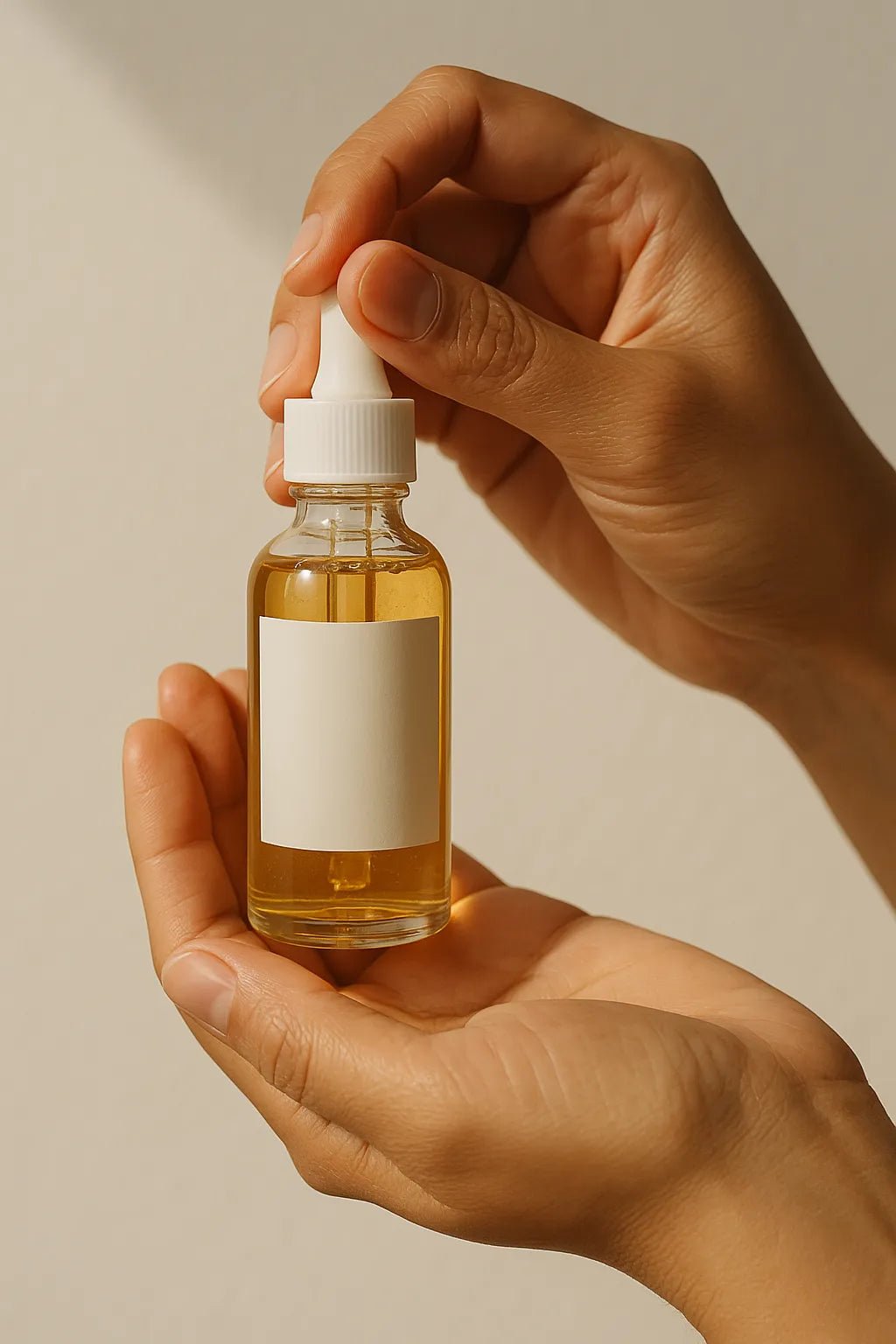 Example output from the Realistic Skincare Mockups With Hands ChatGPT prompt: handheld skincare bottle mockup. Preview 6.