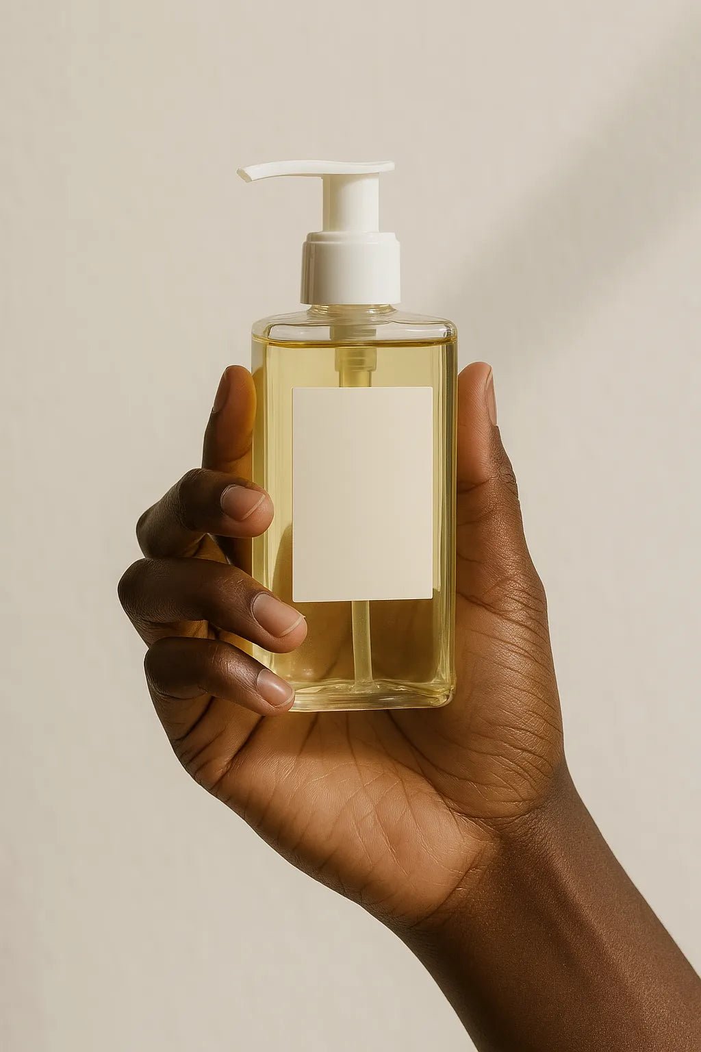 Example output from the Realistic Skincare Mockups With Hands ChatGPT prompt: handheld skincare bottle mockup. Preview 7.