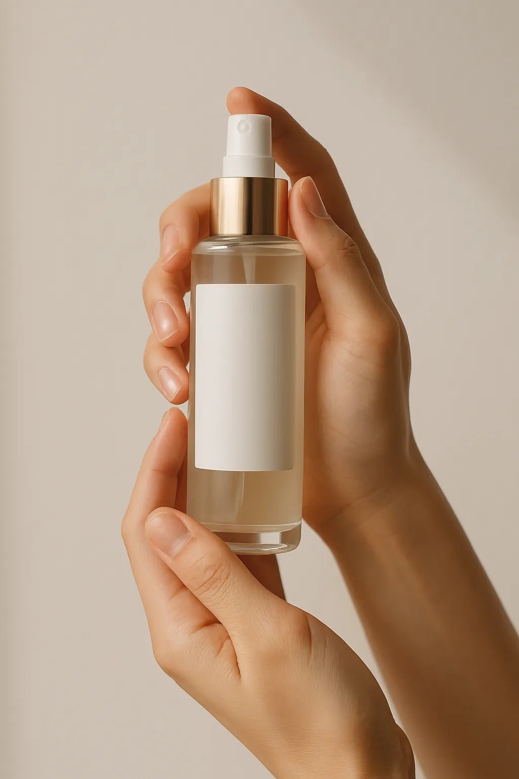 Example output from the Realistic Skincare Mockups With Hands ChatGPT prompt: handheld skincare bottle mockup. Preview 8.