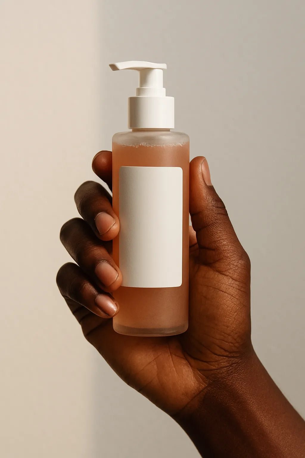 Example output from the Realistic Skincare Mockups With Hands ChatGPT prompt: handheld skincare bottle mockup. Preview 9.