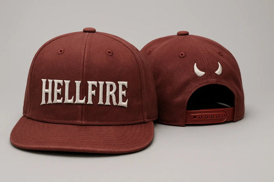 Example output from the Realistic Snapback Cap Design Mockup ChatGPT prompt: Hellfire