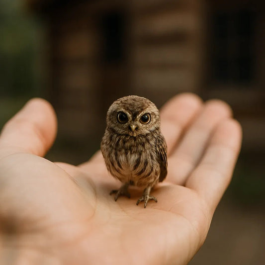 Example output from the Realistic Tiny Animals In Hands ChatGPT prompt: fingertip-scale portrait. Owl.