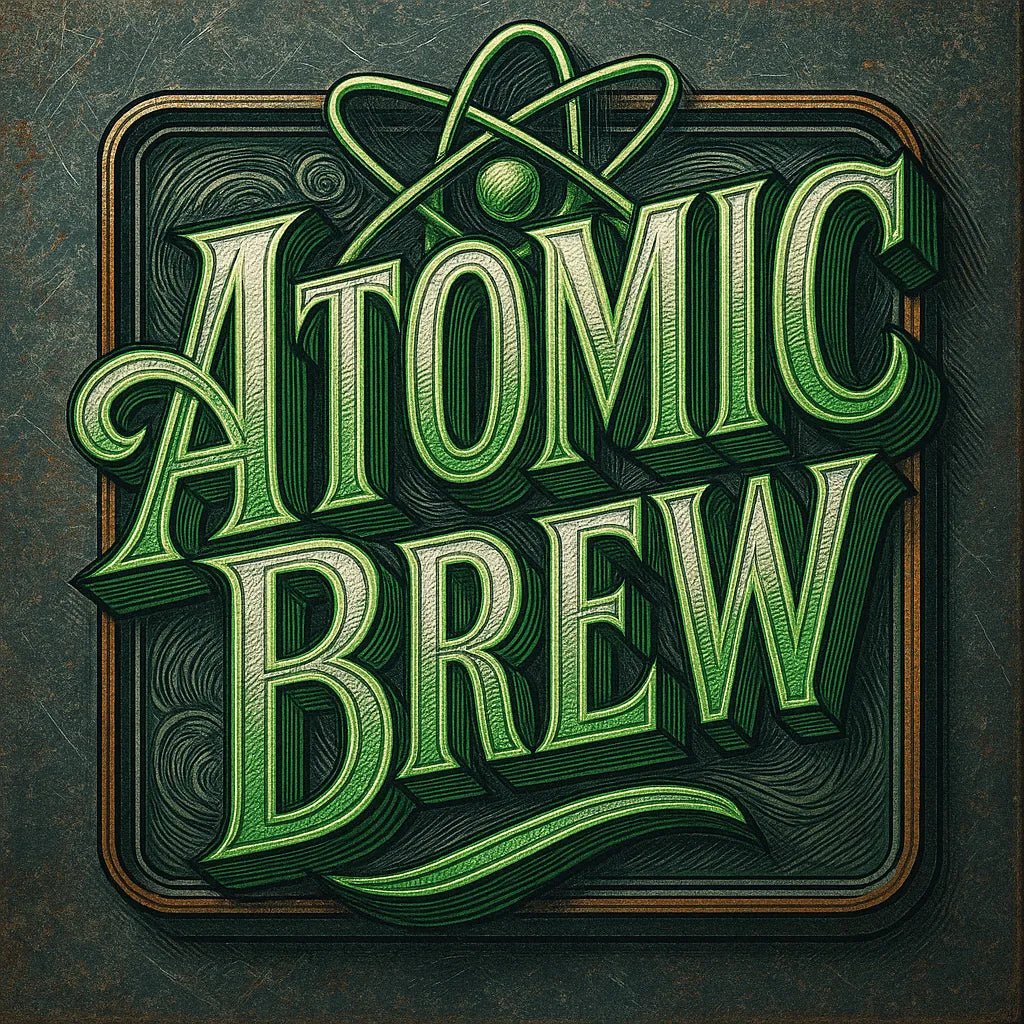 Example output from the Retro 3D Logo Illustrations ChatGPT prompt: ornate vintage-style title card. Atomic Brew.