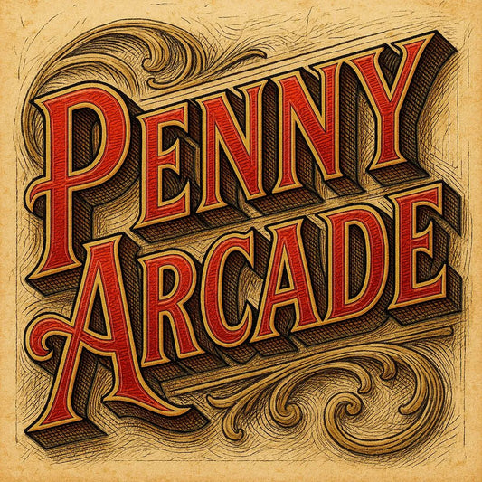 Example output from the Retro 3D Logo Illustrations ChatGPT prompt: ornate vintage-style title card. Penny Arcade.