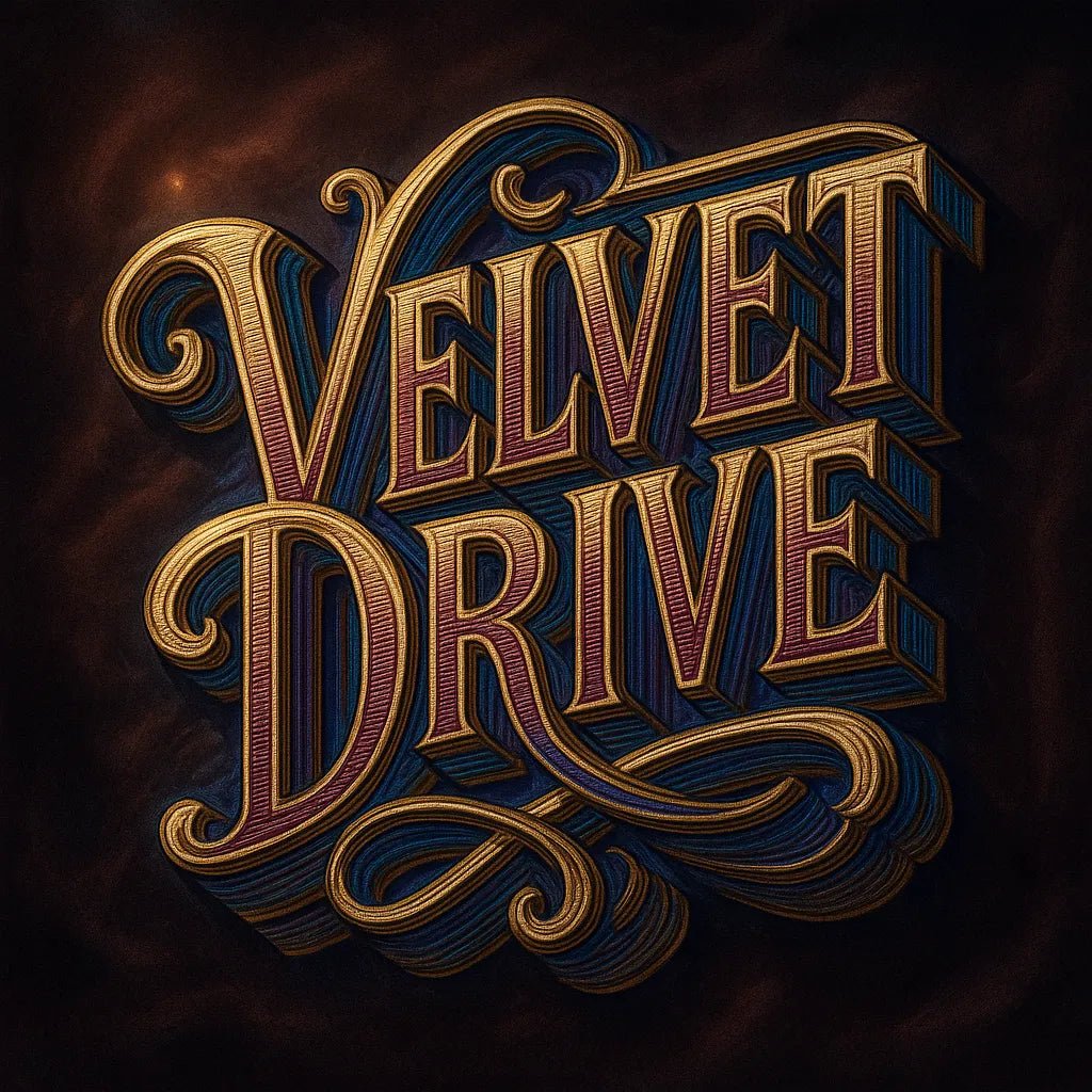 Example output from the Retro 3D Logo Illustrations ChatGPT prompt: ornate vintage-style title card. Velvet Drive.