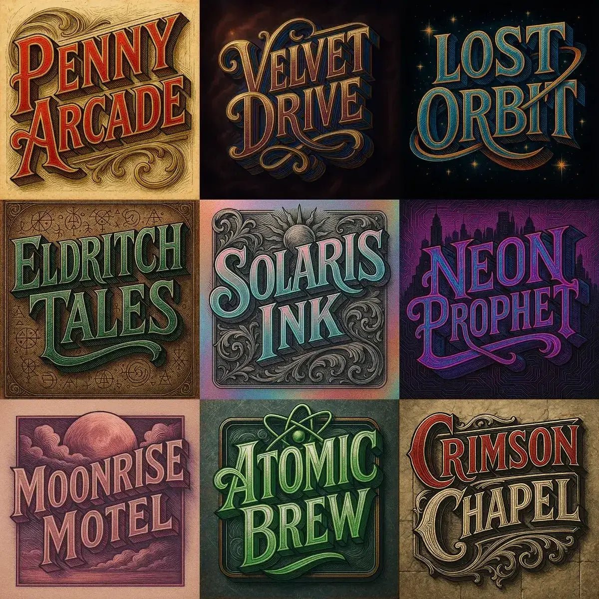 Example output from the Retro 3D Logo Illustrations ChatGPT prompt: ornate vintage-style title cards with engraved linework, rich textures, and deep shadow embossing, resembling classic book covers or retro signage.