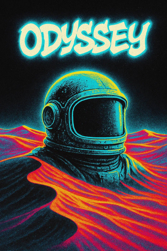 Example of retro-futuristic neon poster featuring glowing titles set against dynamic portrait and scene: odyssey.