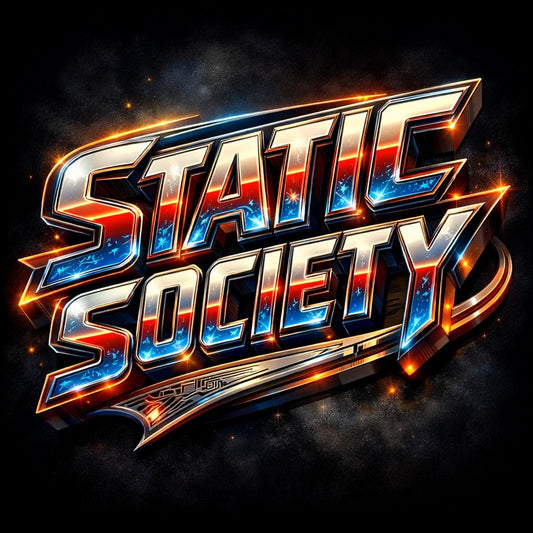 Retro futurist 3D logo design with cinematic sci-fi typography and glowing metallic effect: Static Society