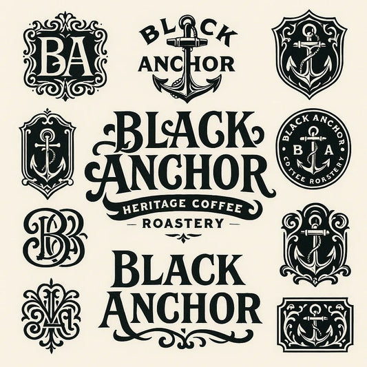 Example output from the Retro Logo Badge Showcases For Brands ChatGPT prompt: curated gallery of vintage-style logo emblems, monograms, and crests in an asymmetrical grid with high-contrast black-and-white style. Black Anchor.