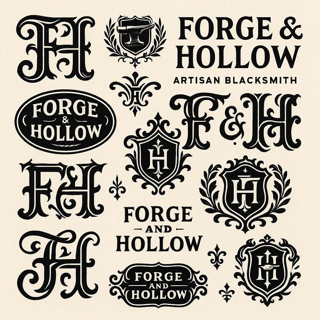 Example output from the Retro Logo Badge Showcases For Brands ChatGPT prompt: curated gallery of vintage-style logo emblems, monograms, and crests in an asymmetrical grid with high-contrast black-and-white style. Forge & Hollow.