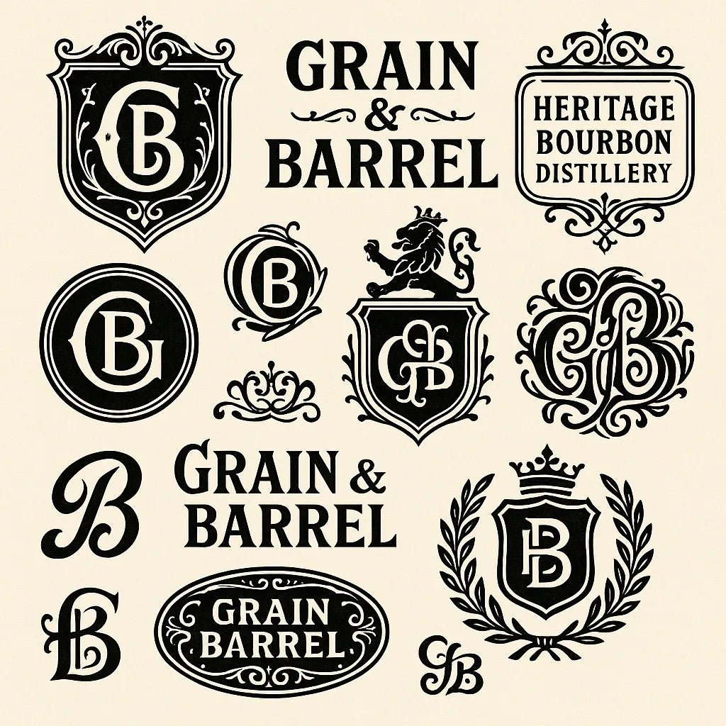 Example output from the Retro Logo Badge Showcases For Brands ChatGPT prompt: curated gallery of vintage-style logo emblems, monograms, and crests in an asymmetrical grid with high-contrast black-and-white style. Grain & Barrel.
