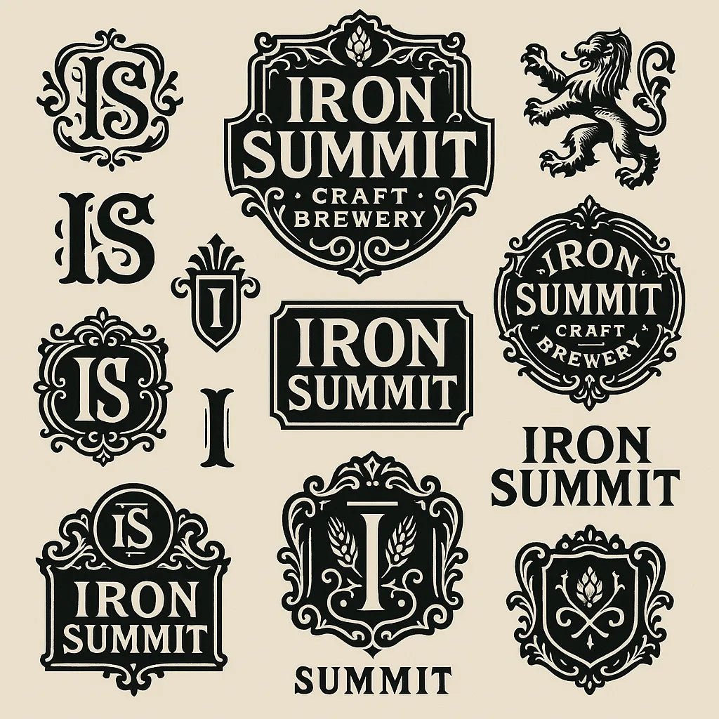 Example output from the Retro Logo Badge Showcases For Brands ChatGPT prompt: curated gallery of vintage-style logo emblems, monograms, and crests in an asymmetrical grid with high-contrast black-and-white style. Iron Summit.