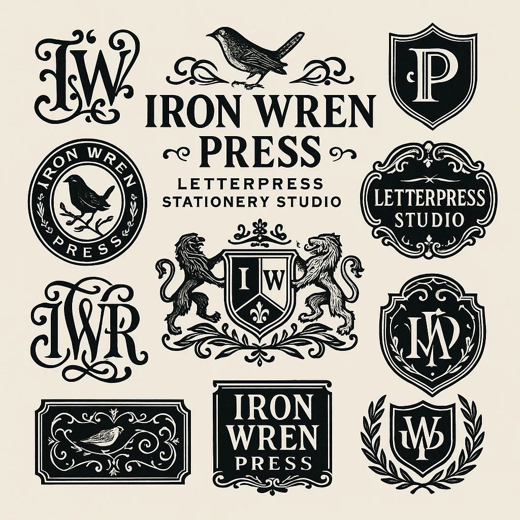 Example output from the Retro Logo Badge Showcases For Brands ChatGPT prompt: curated gallery of vintage-style logo emblems, monograms, and crests in an asymmetrical grid with high-contrast black-and-white style. Iron Wren Press.