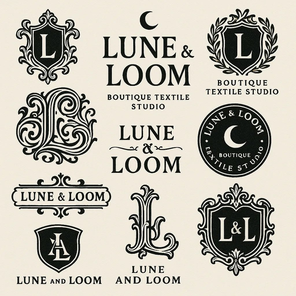 Example output from the Retro Logo Badge Showcases For Brands ChatGPT prompt: curated gallery of vintage-style logo emblems, monograms, and crests in an asymmetrical grid with high-contrast black-and-white style. Lune & Loom.