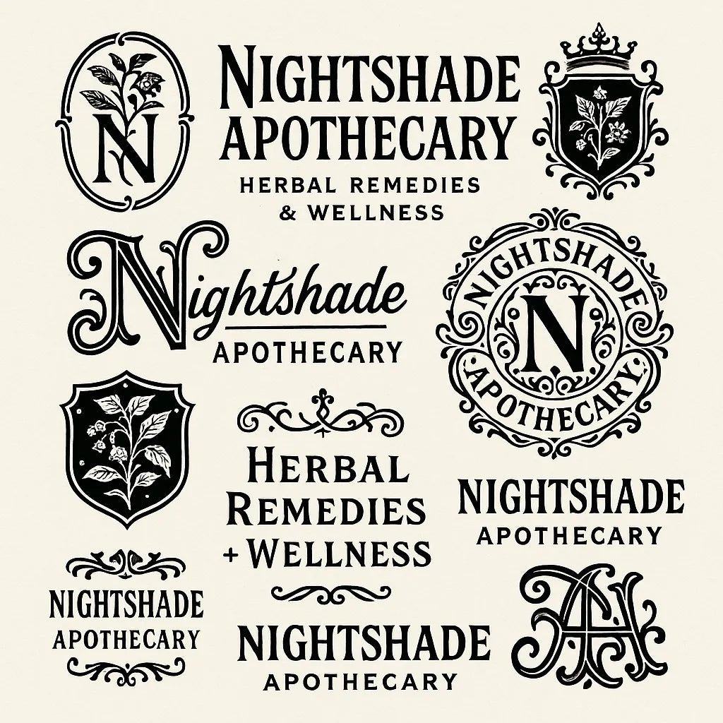 Example output from the Retro Logo Badge Showcases For Brands ChatGPT prompt: curated gallery of vintage-style logo emblems, monograms, and crests in an asymmetrical grid with high-contrast black-and-white style. Nightshade Apothecary.