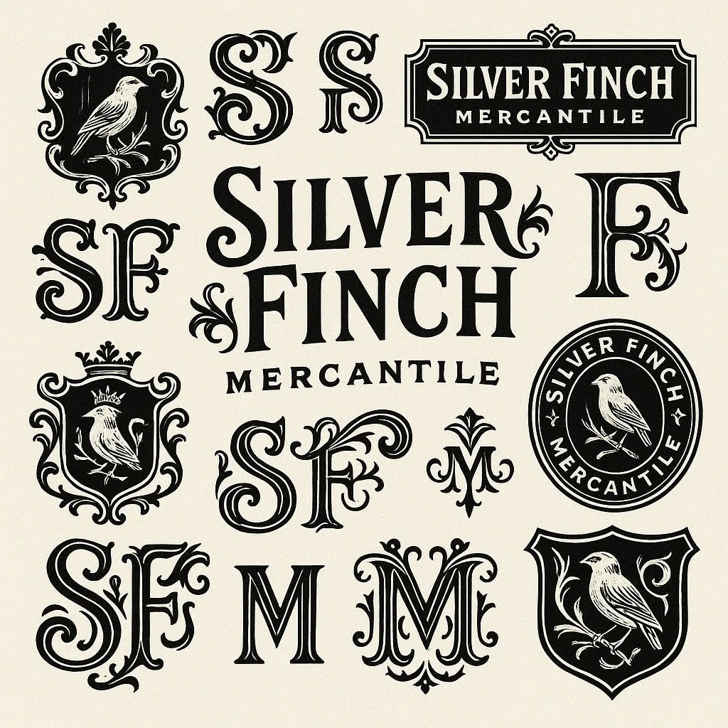 Example output from the Retro Logo Badge Showcases For Brands ChatGPT prompt: curated gallery of vintage-style logo emblems, monograms, and crests in an asymmetrical grid with high-contrast black-and-white style. Silver Finch.