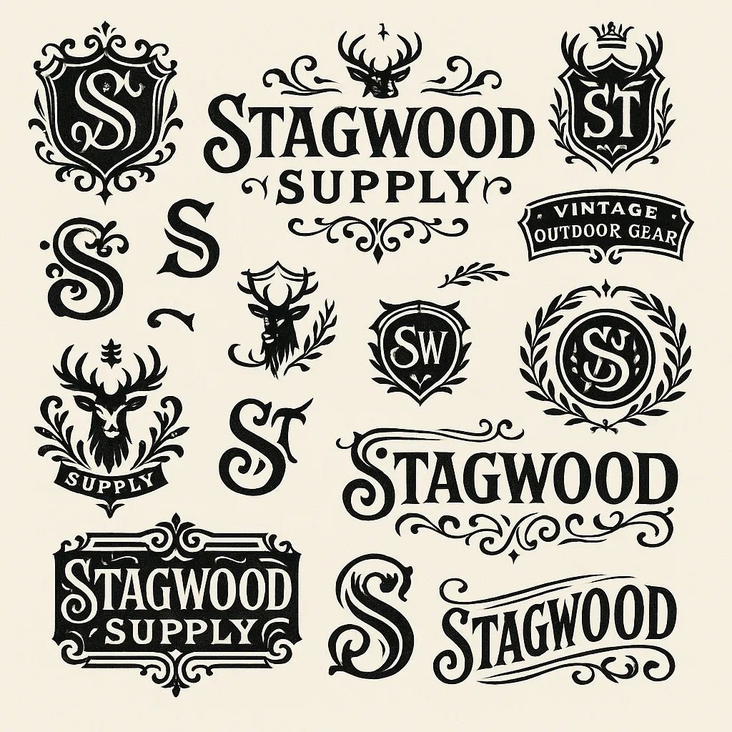 Example output from the Retro Logo Badge Showcases For Brands ChatGPT prompt: curated gallery of vintage-style logo emblems, monograms, and crests in an asymmetrical grid with high-contrast black-and-white style. Stagwood Supply.