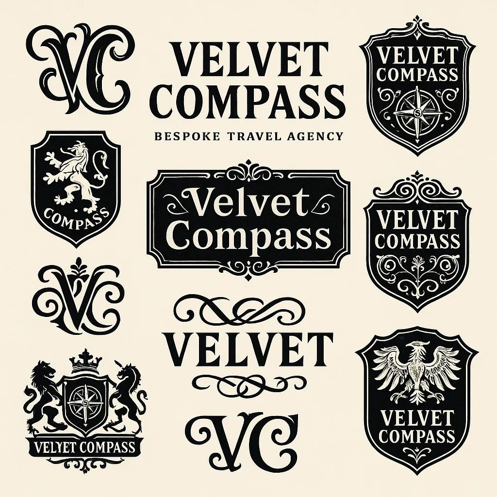Example output from the Retro Logo Badge Showcases For Brands ChatGPT prompt: curated gallery of vintage-style logo emblems, monograms, and crests in an asymmetrical grid with high-contrast black-and-white style. Velvet Compass.