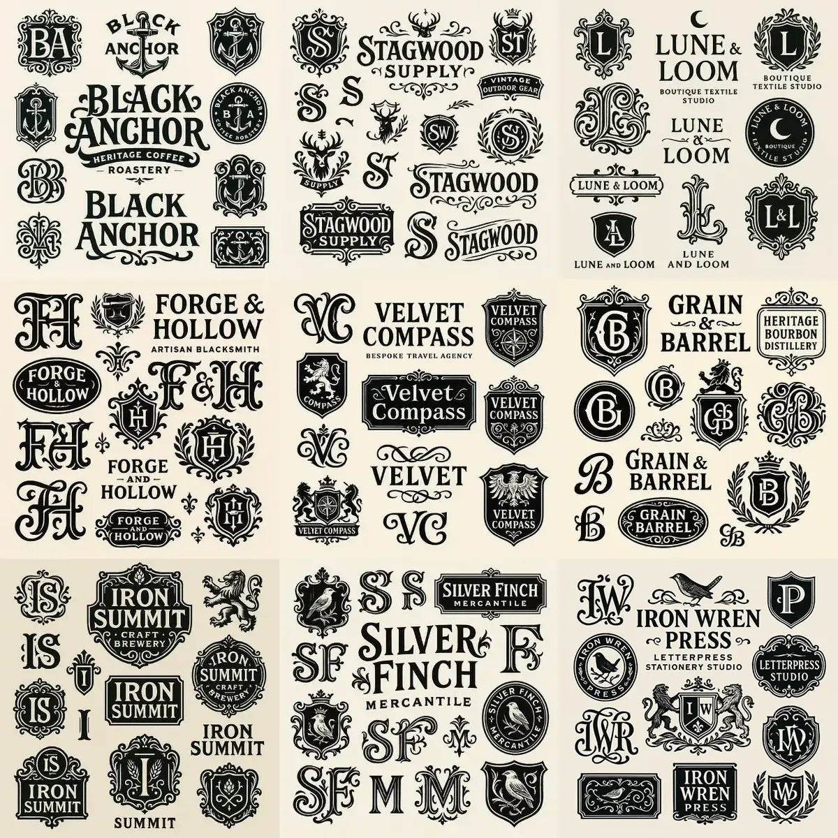 Example output from the Retro Logo Badge Showcases For Brands ChatGPT prompt: curated gallery of vintage-style logo emblems, monograms, and crests in an asymmetrical grid with high-contrast black-and-white style.