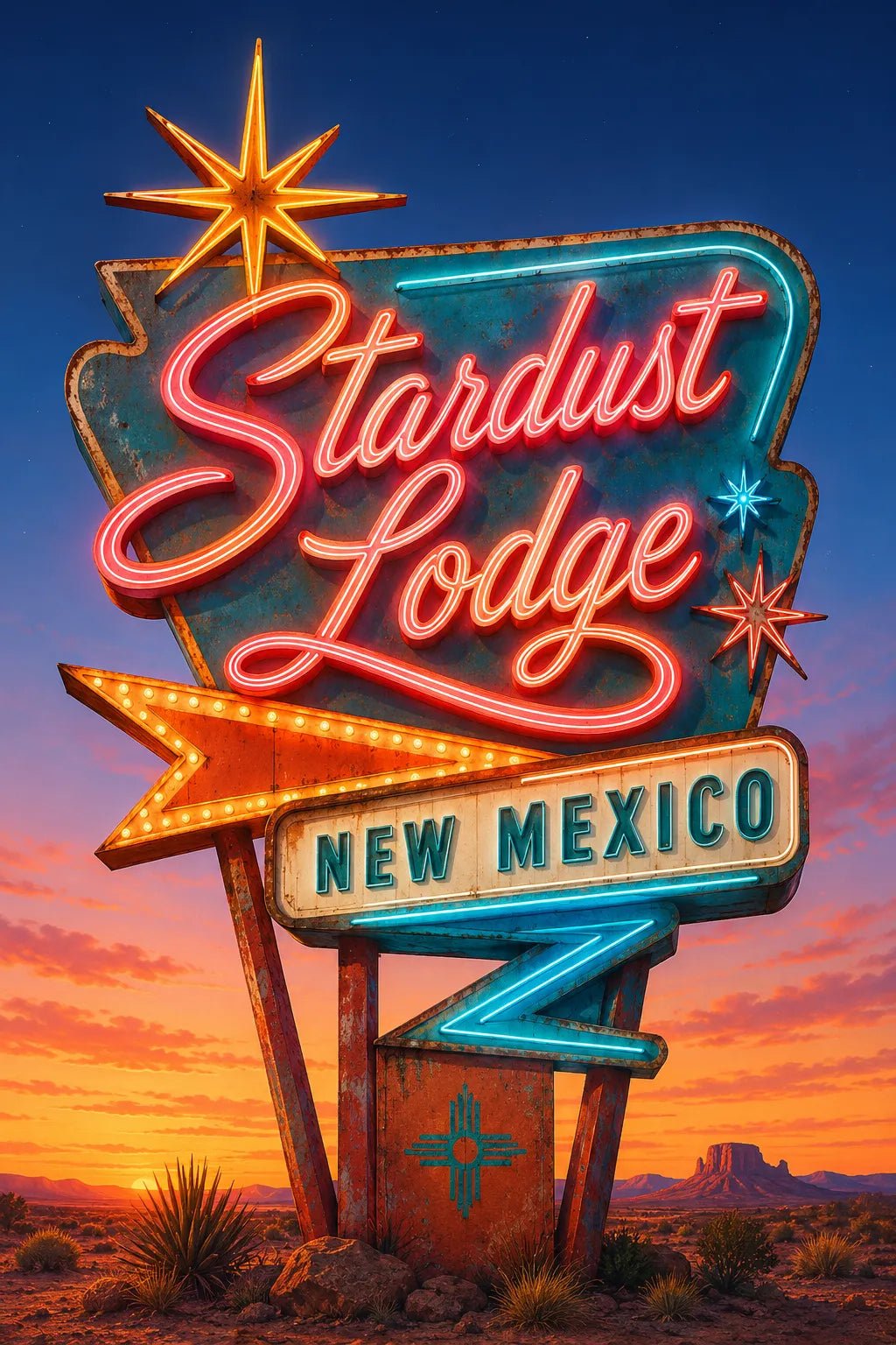 Example output from the Retro Neon Highway Signs ChatGPT prompt: a Stardust Lodge neon sign in pink script with a New Mexico plaque and starburst against a violet sunset.