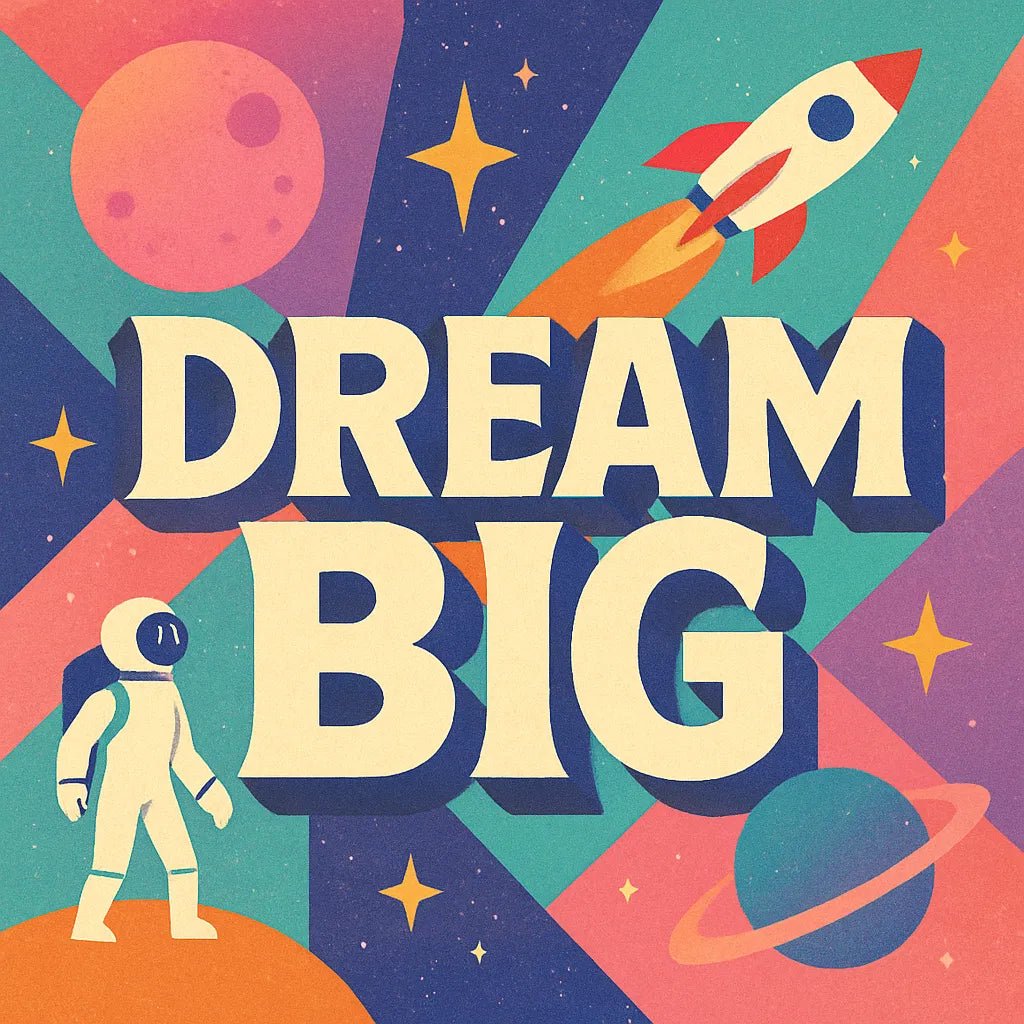Example output from the Retro Quote Collage Illustrations ChatGPT prompt: colorful square illustrations with retro fonts, motivational quotes, pastel shapes, and textured collage layouts for eye-catching merch or content. Dream big.