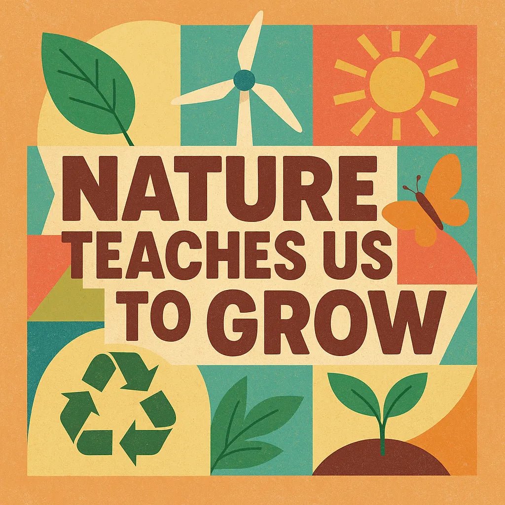 Example output from the Retro Quote Collage Illustrations ChatGPT prompt: colorful square illustrations with retro fonts, motivational quotes, pastel shapes, and textured collage layouts for eye-catching merch or content. Nature teaches us to grow.