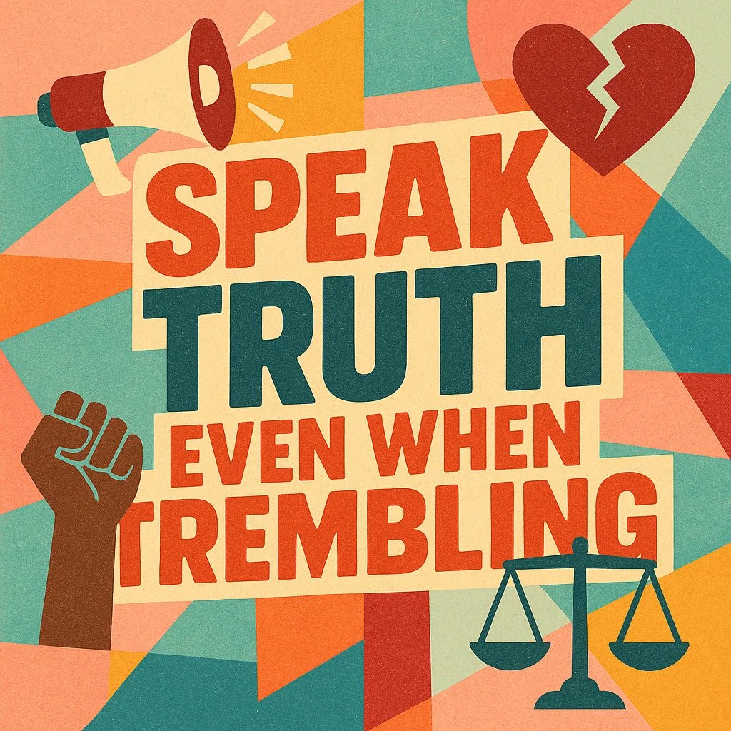 Example output from the Retro Quote Collage Illustrations ChatGPT prompt: colorful square illustrations with retro fonts, motivational quotes, pastel shapes, and textured collage layouts for eye-catching merch or content. Speak truth even when trembling.