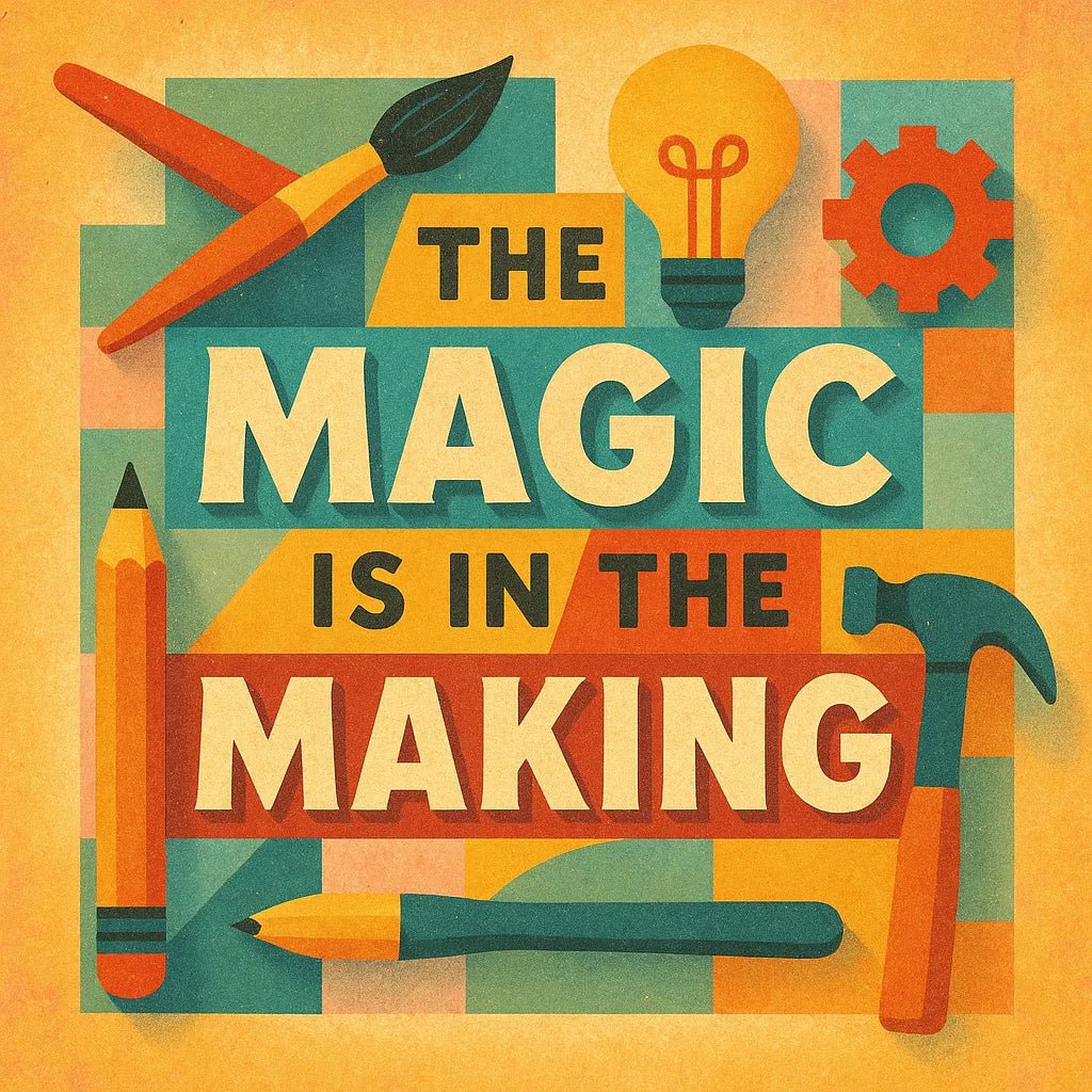 Example output from the Retro Quote Collage Illustrations ChatGPT prompt: colorful square illustrations with retro fonts, motivational quotes, pastel shapes, and textured collage layouts for eye-catching merch or content. The magic is in the making.