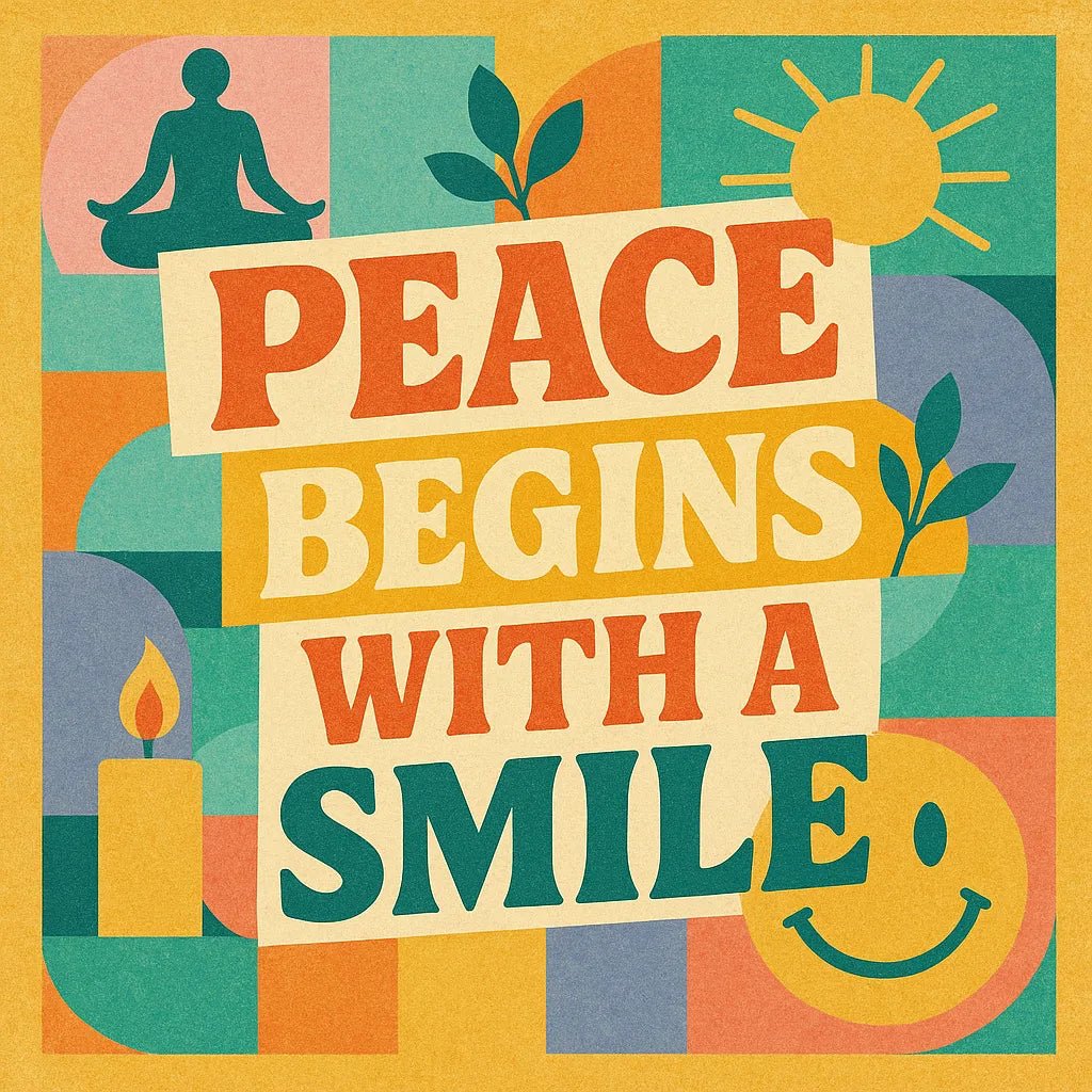 Example output from the Retro Quote Collage Illustrations ChatGPT prompt: colorful square illustrations with retro fonts, motivational quotes, pastel shapes, and textured collage layouts for eye-catching merch or content. Peace Begins with a smile.
