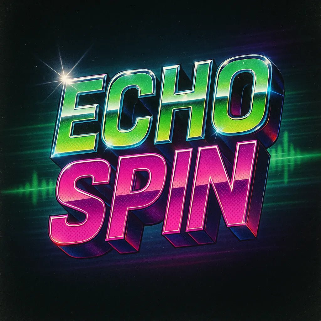 Example output from the Retro Text Designs With Effects ChatGPT prompt: 80s-inspired logo typography. Echo Spin.