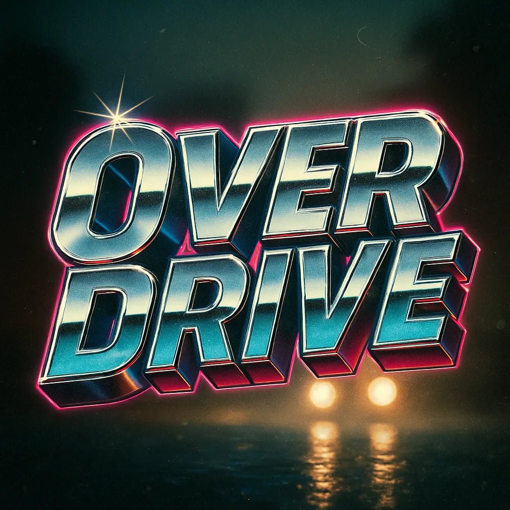 Example output from the Retro Text Designs With Effects ChatGPT prompt: 80s-inspired logo typography. Over Drive.