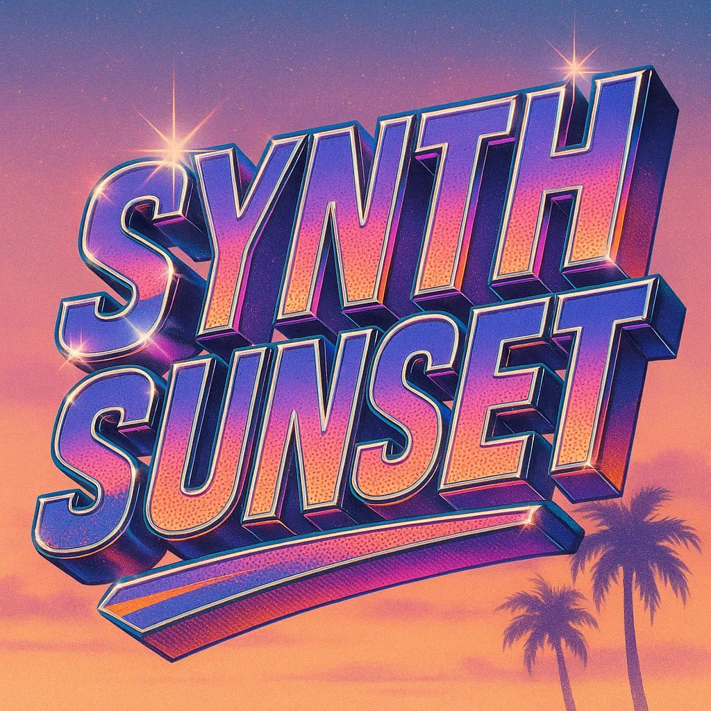 Example output from the Retro Text Designs With Effects ChatGPT prompt: 80s-inspired logo typography. Synth Sunset.