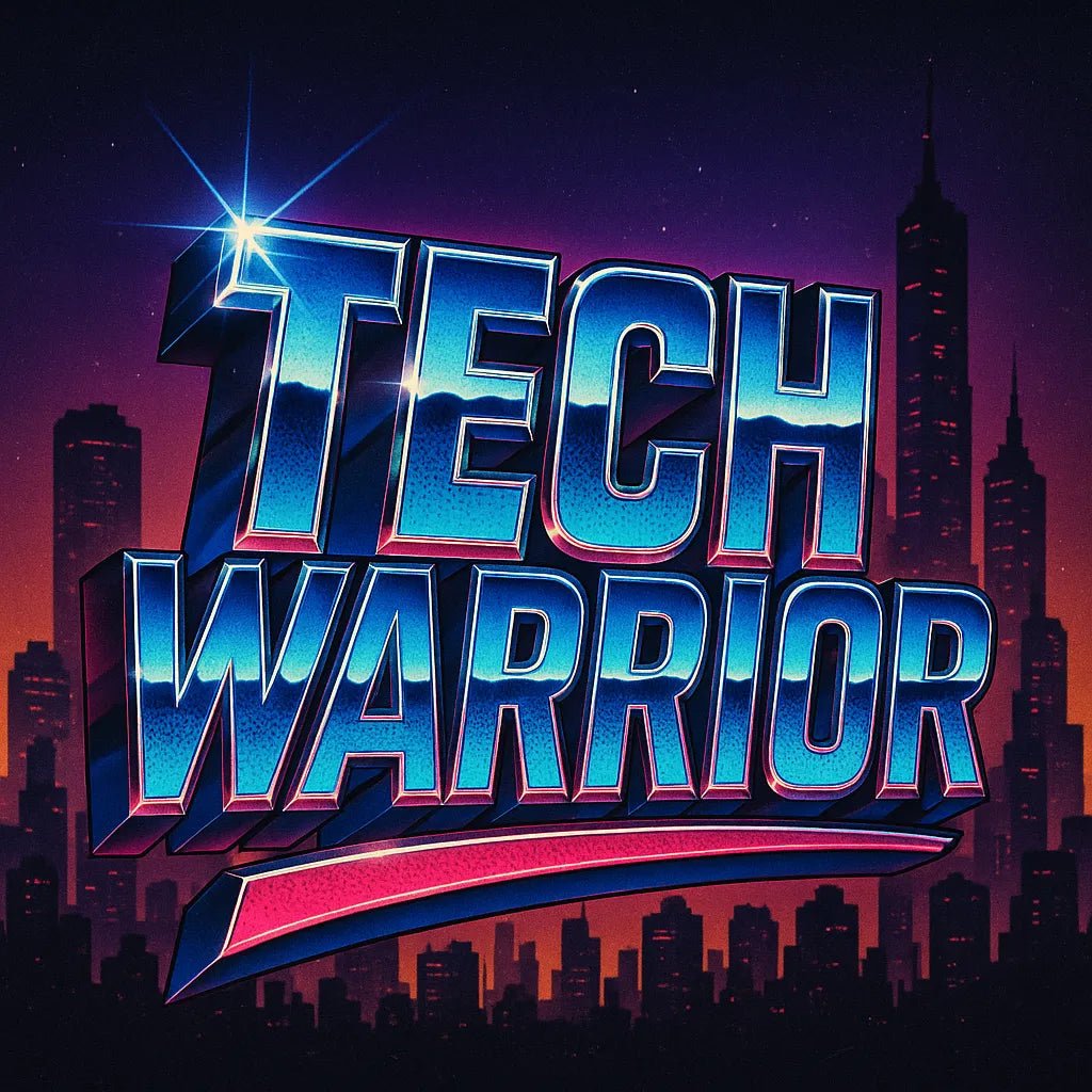 Example output from the Retro Text Designs With Effects ChatGPT prompt: 80s-inspired logo typography. Tech Warrior.