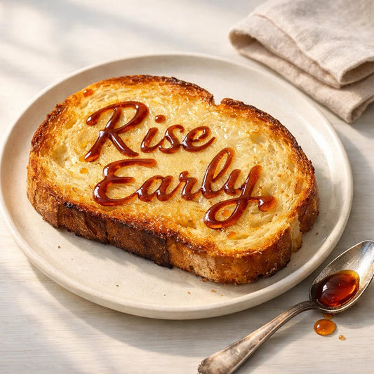 Hyper-realistic toast on a plate with handwritten sauce typography words, natural light food styling, and micro-detail realism: Rise Early