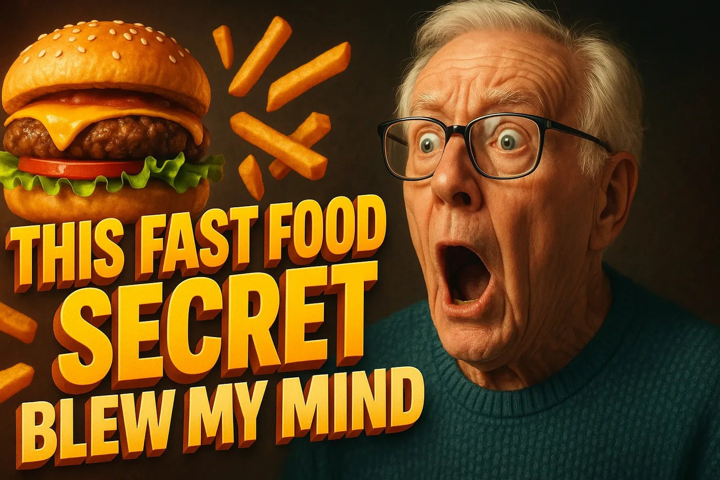 Example output from the Scrollstopping YouTube Thumbnails ChatGPT prompt: dramatic, expressive faces with bold 3D titles and cinematic colors, optimized for viral engagement and instant visual impact in thumbnail design. Fast Food Secret.