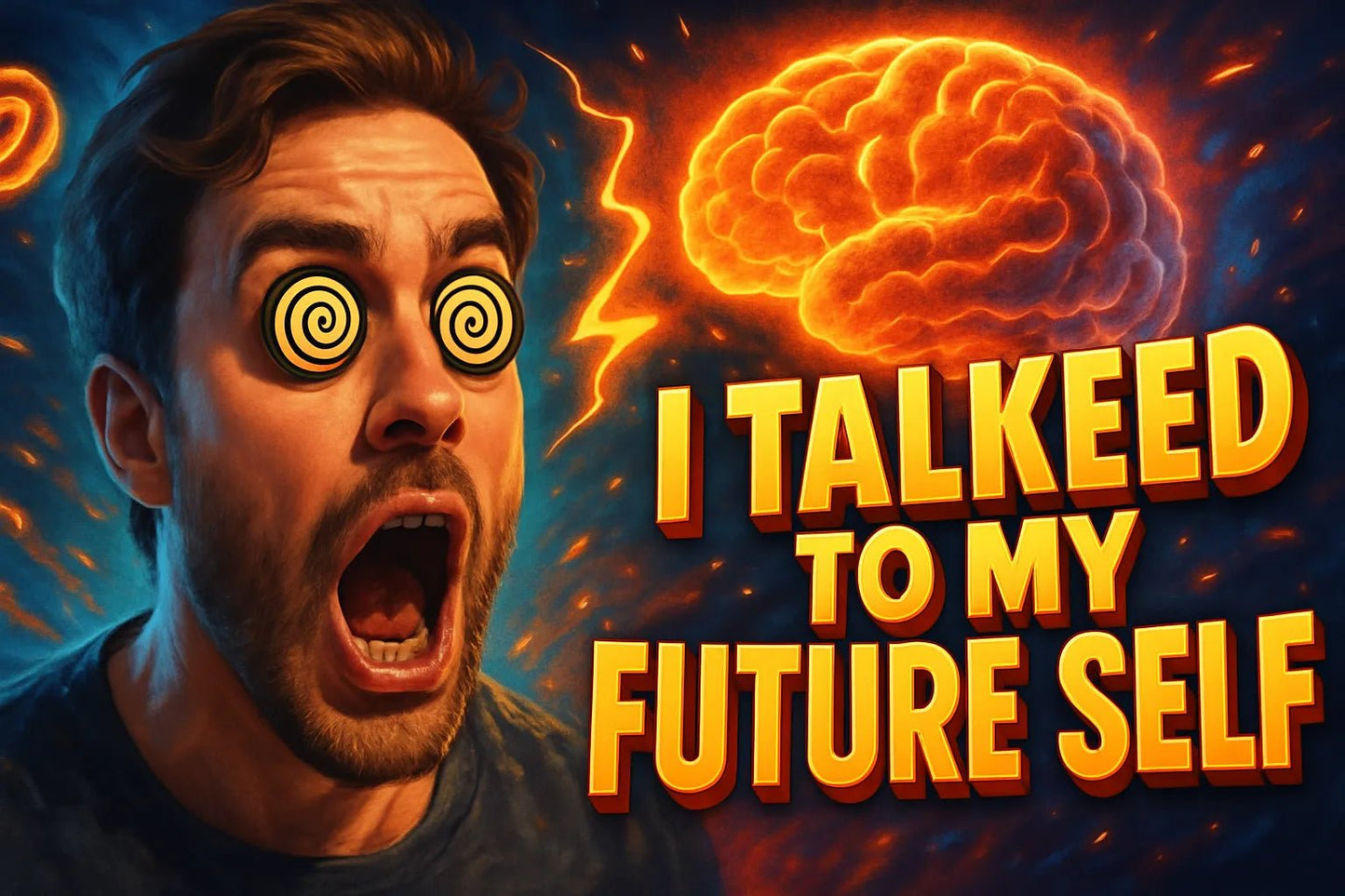 Example output from the Scrollstopping YouTube Thumbnails ChatGPT prompt: dramatic, expressive faces with bold 3D titles and cinematic colors, optimized for viral engagement and instant visual impact in thumbnail design. Future Self.