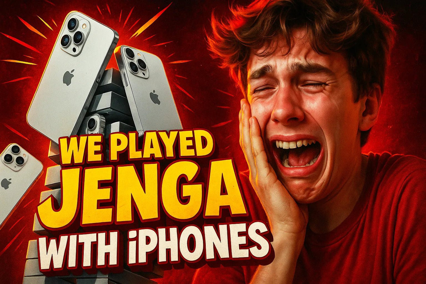 Example output from the Scrollstopping YouTube Thumbnails ChatGPT prompt: dramatic, expressive faces with bold 3D titles and cinematic colors, optimized for viral engagement and instant visual impact in thumbnail design. Jenga With Iphones.