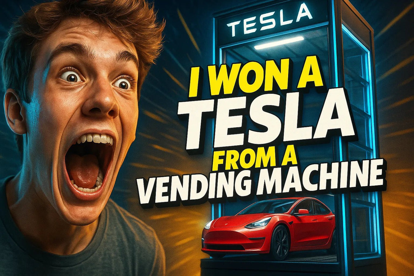 Example output from the Scrollstopping YouTube Thumbnails ChatGPT prompt: dramatic, expressive faces with bold 3D titles and cinematic colors, optimized for viral engagement and instant visual impact in thumbnail design. I won a Tesla.